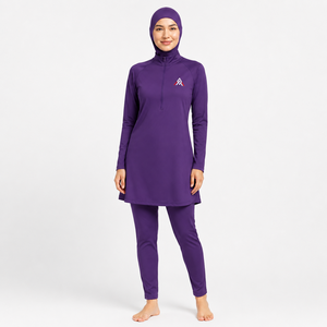 Traje de Baño Burkini Modesto para Mujer, Manga Larga, Cuello Alto, Color Morado Sólido, Secado Rápido, Spandex, Poliéster, Cobertura Completa - Product Image 1