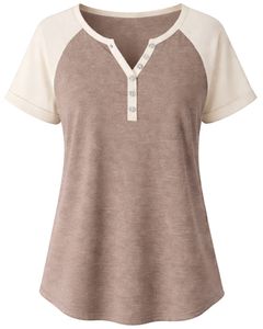 T-shirt femme beige taupe à manches courtes, col Henley, haut à manches raglan, coton doux, coupe ample décontractée, tee-shirt d'été respirant et confortable - Product Image 1