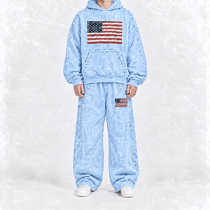 Conjunto de Sudadera con Capucha y Pantalones Deportivos con Estampado de Bandera Americana Rosa, con Perlas, Estilo Urbano, Unisex, para Adultos, Otoño, Manga Larga, Corte Holgado, Pantalones Deportivos de Algodón - Product Image 3