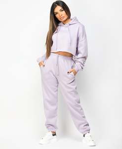 Conjunto Deportivo de Mujer con Capucha Color Lavanda, Top Corto y Pantalones Jogger de Manga Larga, Color Sólido, Casual, con Bolsillos Laterales y Cintura Elástica, para Primavera - Product Image 6