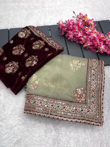 Nuevo Sari de Seda Organza Suave Estilo Bollywood con Bordado Codificado y Trabajo de Hilos Múltiples, Más Blusa Bordada de Terciopelo Pesado - Product Image 3