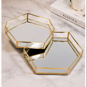 Hexagonal Glass Storage <b>Tray</b> With Gold Frame Modern Minimalist Design Indoor Tabletop Decor Living Room Accessory - Product Image 2