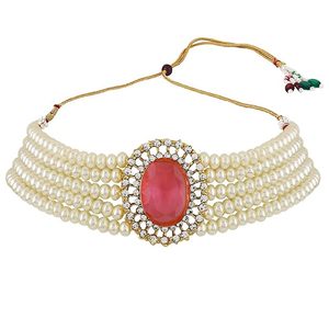 Parure Collier et Boucles d'Oreilles Vintage Plaqué Or avec Perles et Cristal Rose Ovale Central, Bijoux de Soirée pour Femme en Alliage et Perles d'Imitation - Product Image 4