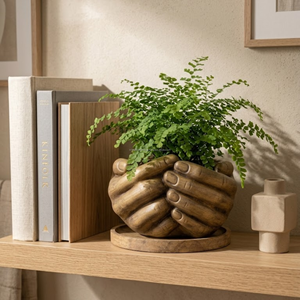 Handmade Ceramic Hand <b>Vase</b> with Wooden Tray Artistic Succulent Planter for Gift Shops and Lifestyle Stores - Product Image 6