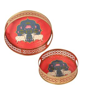 Bandejas y tarros de cuerno hechos a mano con motivos de animales tradicionales Pichwai, con estampado de plata alemana, tacto real, decoración del hogar, boda india, venta al por mayor - Product Image 1