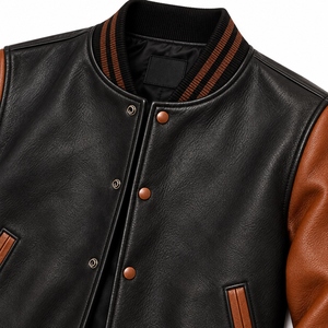 Custom Black and <b>Brown</b> Genuine <b>Leather</b> Varsity <b>Jacket</b> Premium Rib Collar Snap Button Bomber <b>Jacket</b> OEM Streetwear Apparel <b>Jacket</b> - Product Image 4
