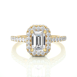Bague de fiançailles en or jaune massif 14 carats avec halo de diamants de laboratoire taille émeraude et pavé, bijoux fins pour femme - Product Image 2
