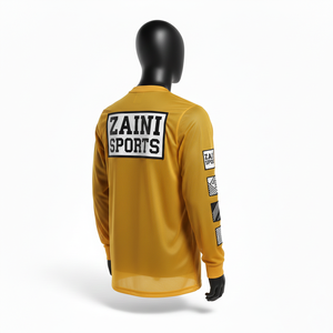 Camiseta de manga larga para hombre, 180 GSM, transpirable, de poliéster, color mostaza dorado, con logotipo personalizado por transferencia térmica, ropa deportiva. - Product Image 5