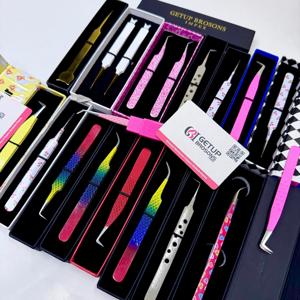 Custom 45/90/Straight Powder Coating <b>Silver</b> Diamond Grip Curved Stainless Steel Smooth/Fiber Tip Eyelash Extensions Tweezers - Product Image 4