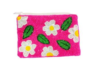 Handmade Embroidered Floral Zipper Pouch Custom Logo Beads Promotional <b>Pink</b> Coin Purse Square Cotton Fashion Daily Use Jaunty - Product Image 3