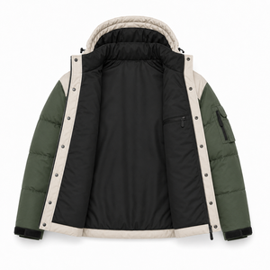 Veste d'hiver matelassée de haute qualité, design streetwear bicolore, rembourrage en polyester chaud, logo brodé, sangles à boucles et crochets sur les poignets, OEM - Product Image 5
