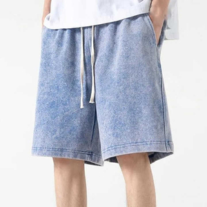 Shorts de jogging pour hommes en coton délavé à l'acide, ourlet brut, en molleton bouclette, style vintage, respirant, antibactérien, streetwear, très demandés - Product Image 3