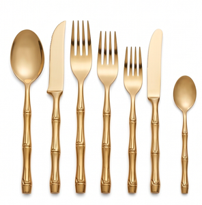 Juego de Cubiertos de Bambú Dorado, Aptos para Lavavajillas, Cuchara, Tenedor y Cuchillo, Estilo Glamuroso, Mango de Metal, Cubiertos para Boda - Product Image 1