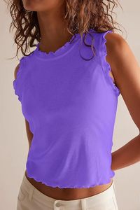 Women's Purple Knitted Tank <b>Top</b> Crew Neck Ruffle Trim Casual Short Sleeveless <b>Top</b> - Product Image 2