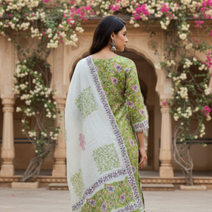 Conjunto de Pijama Kurti Sarong de Algodón con Estampado Floral Verde y Blanco |   Ropa de Playa para Mujer de Alta Calidad con Estampado Artesanal |   Ropa Casual Étnica para Estar en Casa - Product Image 3