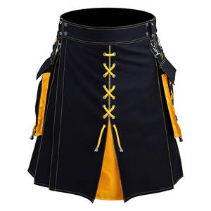 กิ๊ตผ้าฝ้ายสีดำและสีเหลืองสไตล์สก็อตสำหรับผู้ชาย พร้อมกระเป๋าคาร์โก้แบบถอดได้และรายละเอียดการผูกเชือกแบบไฮบริด - Product Image 2