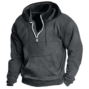 Men's Hooded Quarter Zip Sweatshirt Solid Green Fleece Casual Boxy Fit Autumn Polyester/Cotton Waterproof Pocket - Product Image 5