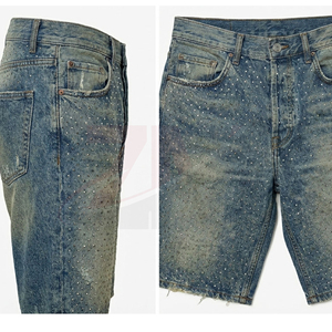 Custom Luxury Men Denim Shorts With Crystal Rhinestone Design Premium Garment Manufacturer Decorated Straight Leg Service - Product Image 3