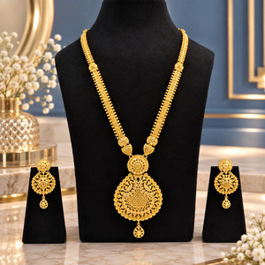 Conjunto de Collar Largo y Pendientes de Cobre y Latón con Baño de Oro de 24K, Colgante en Forma de Lágrima, Joyería India para Novias y Fiestas - Product Image 1