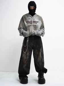 Oversized <b>Gothic</b> Vintage Hoodie Full Face Cover Sun Fade Sulphur Acid Washed Fleece Custom Print Casual Knitted Mask <b>Jacket</b> - Product Image 4