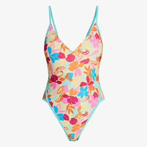 Traje de Baño de Una Pieza para Mujer, Estampado Floral, Cuello en V Profundo, Ribete en Contraste, Elástico, Spandex, Poliéster - Product Image 2