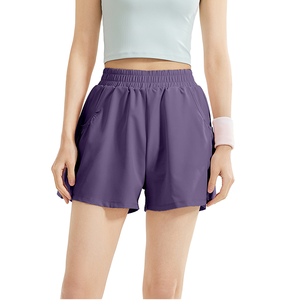 Shorts Deportivos Morados de Cintura Alta para Mujer, con Bolsillos, Transpirables, de Punto, Ajuste Holgado, Cintura Elástica, Color Sólido, Ropa Deportiva - Product Image 1