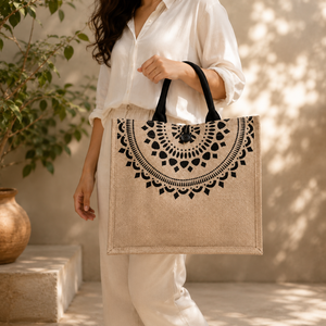 กระเป๋าช้อปปิ้ง EcoDari Luxury Jute Tote สีดำ หูหิ้วลายดอกไม้แมนดาลา รีไซเคิลได้ ใช้ซ้ำได้ เป็นมิตรกับสิ่งแวดล้อม เหมาะสำหรับใส่ของชำ ของขวัญ - Product Image 2