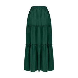 Jupe midi évasée vert émeraude pour femme avec volants, taille haute élastique, en mousseline, style sportif, couleur unie, respirante, idéale pour l'été - Product Image 1