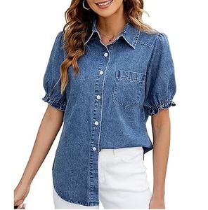 Camisas de mezclilla transpirables para mujer, ropa de otoño, camisas casuales para mujer con etiqueta, diseño y talla personalizados, camisa de mezclilla tipo jeans. - Product Image 1