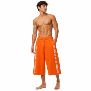 Distressed Embroidery Fleece <b>Shorts</b> Oversize 450 GSM Cotton Terry <b>3</b>/<b>4</b> Wide Leg <b>Shorts</b> Men Casual Winter Sweat <b>Shorts</b> Knee Length - Product Image 3