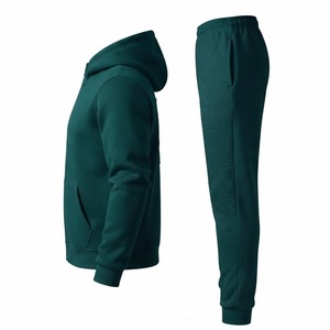 Conjunto Deportivo de Dos Piezas para Hombre, Color Verde Oscuro, con Capucha, 100% Algodón, Cierre Completo, Color Sólido, Casual, con Logotipo en Relieve, Bolsillos Laterales Estampados - Product Image 2