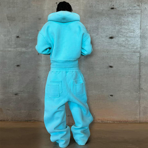 Customize Turquoise Hooded Windproof Fleece Tracksuit Set Full Length Loose Fit Solid Color Zipper Front Sweatshirt <b>Pants</b> Winter - Product Image 3