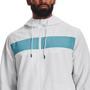 Veste coupe-vent à capuche pour homme, blanche, avec fermeture éclair à blocs de couleur bleue, vêtement d'extérieur décontracté pour le printemps, protection UV - Product Image 3