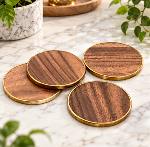 Juego de 4 posavasos redondos de madera de latón AK con posavasos de alta calidad con acabado dorado de Metal lateral redondo para utensilios de cocina/Decoración de mesa - Product Image 2