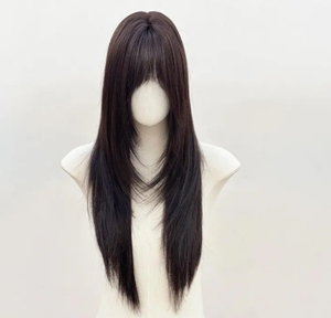 Peluca Sintética Negra Natural Ondulada de Primera Calidad con Flequillo, Sin Pegamento, Hecha a Máquina, de Alta Densidad, Larga, para Cosplay o Uso Diario - Product Image 1