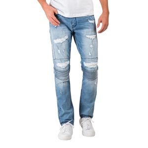 Distressed Biker <b>Jeans</b> Men's Ribbed Moto Denim Trousers Distressed Ripped Cotton Stretch Fabric Urban Streetwear Fashion - Product Image 1