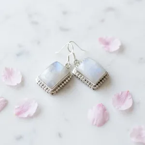 Boucles d'oreilles pendantes en argent sterling 925 avec pierre de lune arc-en-ciel, bijoux indiens faits à la main, cabochon carré, accessoires vintage pour femmes - Product Image 4