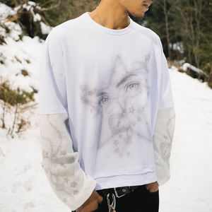 Men's Hot Sale Vintage Washed Heavy Cotton Double Layer Long Sleeve T-shirt Men Custom Screen Printed Graphic Rhinestone <b>Tshirt</b> - Product Image 3