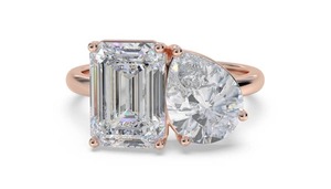 Emerald And Pear <b>Two</b> <b>Stone</b> Diamond <b>Ring</b> 0.80 Ct Lab Grown Diamond In 18K Yellow White Rose Gold And Platinum - Product Image 3