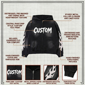 เสื้อฮู้ดซิปสีดำทรงโอเวอร์ไซส์สำหรับผู้ชายและผู้หญิง OEM ODM ล้างสีแบบแอซิดวอช พร้อมพิมพ์ลายตัวอักษรตามสั่งและแขนเสื้อแบบลวดหนาม - Product Image 4
