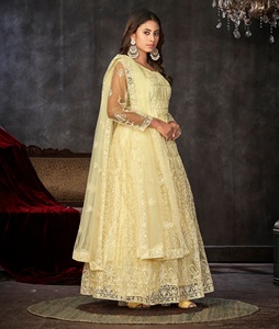 Good Quality Women's <b>Light</b> Yellow Anarkali Suit For Weddings and Fastive Occasions 3/4 Sleeve <b>Net</b> Santoon Semi stitched - Product Image 2