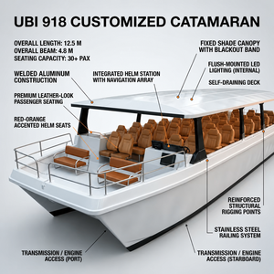 เรือยอชท์คาตามารันสุดหรู 18 ที่นั่ง รุ่น UBI 918 แบบสั่งทำพิเศษ ตัวเรือเชื่อมด้วยอลูมิเนียมหรือไฟเบอร์กลาส 300 แรงม้า พร้อมรีโมทคอนโทรล สำหรับท่องเที่ยวแม่น้ำ - Product Image 5