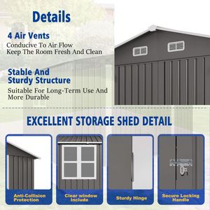 Large Outdoor Storage Shed 10 X 8 FT Metal Garden Tool Shed with Lockable Door Clear <b>Window</b> & Air <b>Vent</b> for Bicycle Storage - Product Image 4