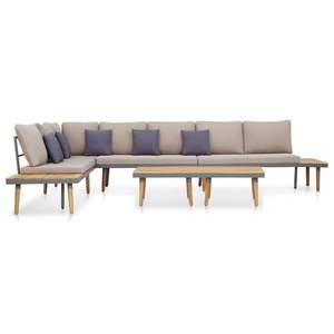 Ensemble de salon de jardin en bois d'acacia massif brun et gris avec structure en acier et polyester, mobilier d'extérieur durable - Product Image 1