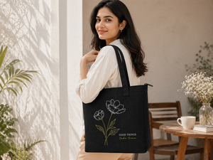 Sac fourre-tout en toile noire à motif floral avec fermeture éclair, design minimaliste pour le shopping toutes saisons - Product Image 5