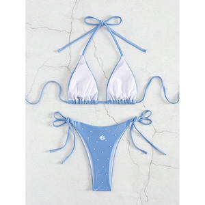 Nuevo Conjunto de Bikini Triángulo Azul Cielo con Pedrería para Mujer 2026, Traje de Baño de Dos Piezas con Cuello Halter y Lazos Laterales, Ropa de Playa Azul Claro, Pedido al por Mayor - Product Image 3