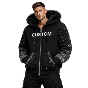 Sudadera con capucha para hombre, negra, personalizada con pedrería, con cremallera, forro polar, estilo urbano, con diseño de pedrería en las mangas. - Product Image 1