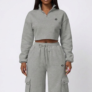 Trendy Heather Grey Cotton Fleece Two Piece Tracksuit Set Women Half <b>Zip</b> Cropped Pullover Multi Pocket Cargo Pant Casual Apparel - Product Image 3