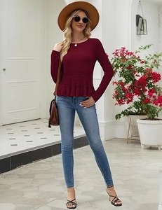 Pull en tricot bordeaux pour femme, col rond, manches longues, ourlet à volants, respirant, style automne - Product Image 2