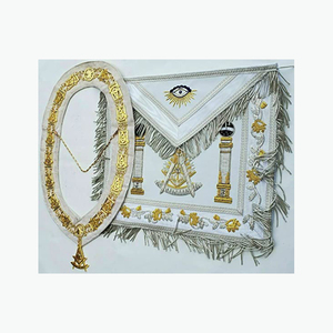Custom Embroidered Masonic Apron With Oval Badge And Fringe White Gold Classical Style apron with chain <b>collar</b> - Product Image 3